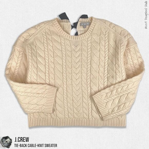 J.CREW TIE-BACK CABLE KNIT SWEATER IN BUTTERCREAM WITH BLACK BOW SLIGHT CROP MED - Picture 2 of 11